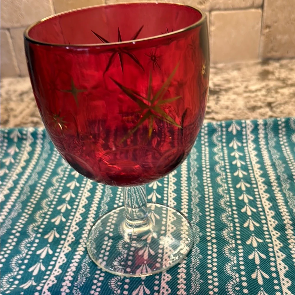 Bartlett Collins Set of 4  Cranberry Red Goblets With Atomic Starburst Design. - Picture 3 of 4